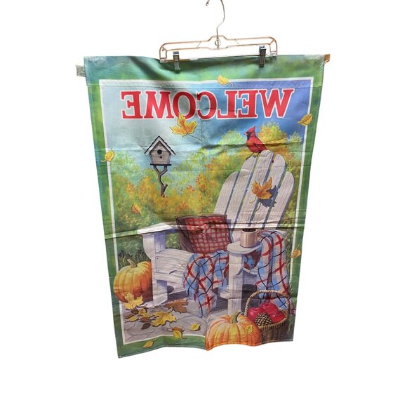 Welcome Autumn Fall Garden Flag Adirondack Chair Pumpkins Leaves Birdhouse - Picture 2 of 5